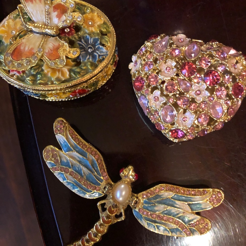 Three porcelain jeweled jewelry keepsake